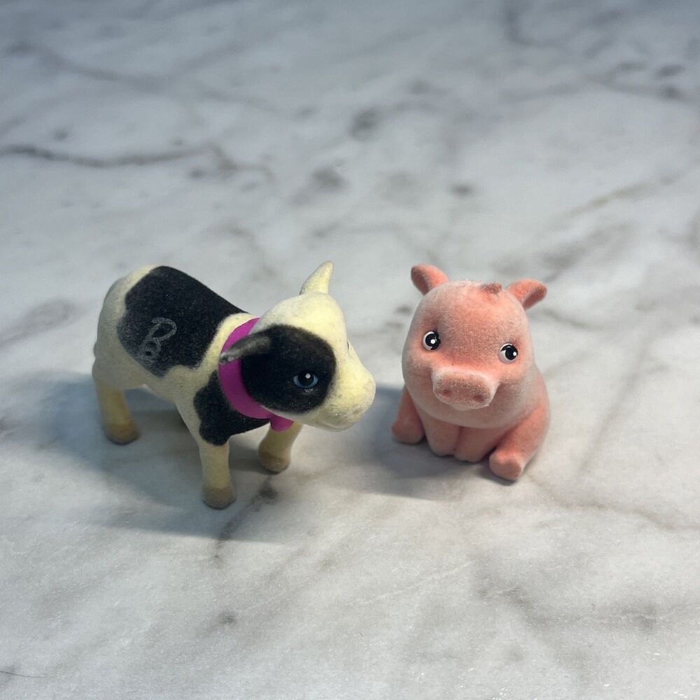 BARBIE LOVE PETS FLOCKED MINIATURE COW 1.25” FIGURE MATTEL & Mini Flocked 1" Pig